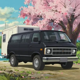 a wholesome animation key shot of one!! focused, black 1 9 8 3 gmc van!!, with a trailer, speed boat on lake, medium shot, studio ghibli, ( disney animation ), sharp, very detailed, high resolution, rendered in unreal engine 5, anime key art by greg rutkowski, bloom, dramatic lighting