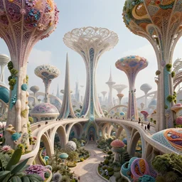 beautiful 3 d scifi futuristic biophilic city colorful architectural landscape, arches, cellular bridges, stone columns, rhizomorph finials spires, brackets, fractal puffballs, vincent callebaut, iris van herpin, elegant lace haute couture broad embroidered cone trees, porcelain magnolia fluid nebula, soldier lichen, soft light, unreal engine, 8 k