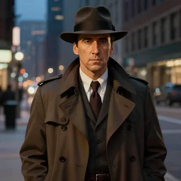 a picture of a man with a face similar to nick cage, wearing a 1 9 4 0's noire detective outfit with fedora and trench coat, standing in the streets of chicago at night, detailed unblurred face, 4 k octane render digital painting