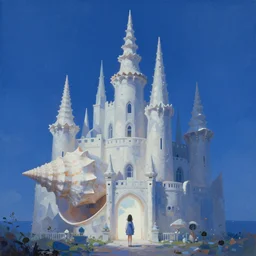 atmospheric dreamscape painting of a giant seashell castle, a young girl stands outside, by moebius and john harris, atmospheric blues, concept art, saturation 40