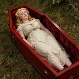 fat blonde girl dead in a red coffin wood box, victorian era