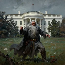 gandalf attacks the white house, epic dark fantasy horror stylized oil painting by ivan shiskin. trending on artstation