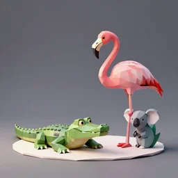 low poly render, studio lighting, crocodile flamingo koala, paper