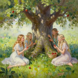 yggdrasil tree of world and very very very very beautiful elf females playing happy and collecting strawberries on grass under the tree, oil painting, high detalization mixed with blurs and shape
