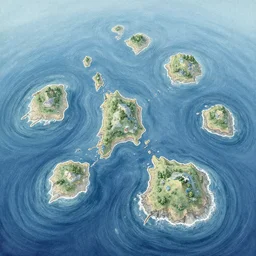 drone photography with delicate gouache embellishments this is a land on an unforgiving world of churning oceans and jagged coastlines. every habitable island is situated somewhere along the planet's equator where the weather is still volatile but more hospitable than any points to the north or south, by angus mcbride