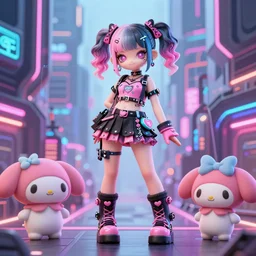 3 d render of a decora gyaru kawaii cybergoth emo girl, in a cyberpunk blade runner maximalist city of my melody sanrio plushies