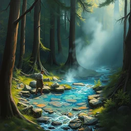 a man finding a colorful hotspring deep in the forest, oil painting, highly detailed, medieval fantasy, featured on artstation