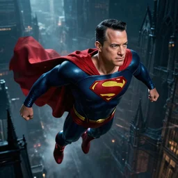 close photo of tom hanks as superman, flying over dark gotham, epic digital art, cinematic, trending on artstation, superb detail 8 k masterpiece