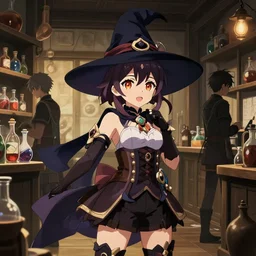 anime visual, portrait of a young female traveler wearing a witch hat in a alchemist's potion shop interior, cute face from genshin impact, katsura masakazu and yoh yoshinari,, cinematic luts, dynamic pose, dynamic perspective, strong silhouette, anime cels, ilya kuvshinov, crisp and sharp, rounded eyes, moody, genshin impact colors and costumes