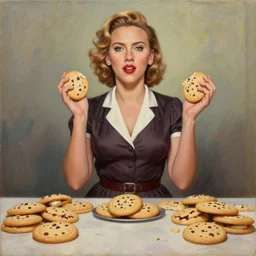 symmetrical, scarlett johansson wants to sell you girl scout cookies, oil painting, ultra realistic design, 1 9 4 0 s, greg rutkowski, wide angle lens, hyperrealism, realistic lighting
