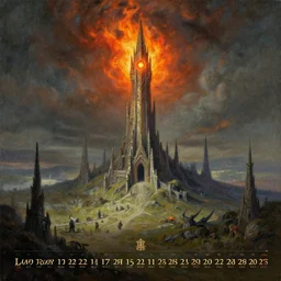 mordor, flaming eye of sauron above the tower of darad - dur, by alan lee, intricate, lord of the rings calendar, smooth, detailed terrain, oil painting, trending artstation, concept art, matte painting