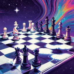 chess set, psychedelic grainshading print, cyberpunk comic cover art, galactic light colors