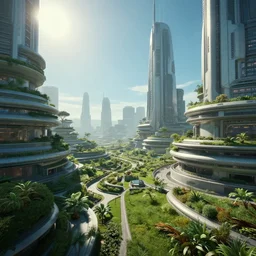 Sci-fi cityscape with green gardens, cinematic angle, cinematic lighting, blue sky, sun in the sky, by Syd Mead, John Harris, Federico Pelat