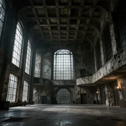 brutalist interior with high celing and big windows, dark moody lighting, neo militarism, eco brutalism, highly detailed, excellent composition, cinematic concept art, dramatic lighting, trending on artstation