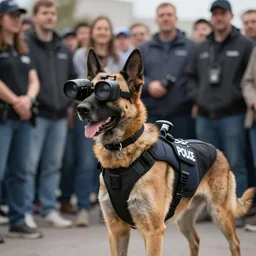 a police dog equiped with a vest with cameras looking at a crowd of people, ultra realistic, artstation, hyper detailed, 8 k.