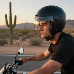 young man riding a motorcycle on a desert road, wearing a black modular helmet, sun reflection in the visor, mountains in background, large cactus on one side of the road, sunset, close - up view, cinematic view, beautiful lighting, masterpiece by louis klemantaski and james moy