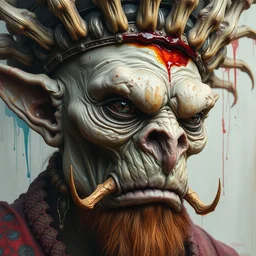 close - up portrait of an ugly goblin emperor by irakli nadar with intricate detailed color smashing fluid oil paint and acrylic, headdress made out of bones, melting wax, mycelia, abstract impressionism, ruan jia, fantasy, hyper detailed, concept art, by peter mohrbacher and gustav klimt,