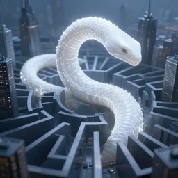 cinematic matte digital white worm energy creature snaking through labyrinth cityscape. emissive and volumetric lighting. brass colors. artstation deviantart 3 8 4 0 2 1 6 0