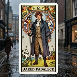 a detailed tarot card of jared padalecki in a supernatural sherlock holmes story, 1 8 th century london in the rain, city streets, ominous, masterpiece, 8 k, art by alphonse mucha and greg rutkowski