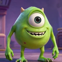 Mike Wazowski evolved into a more hideous looking monster, red eyes, green skin, sinister facial expression, genetic mutation, hyperrealism, trending on artstation, 8k