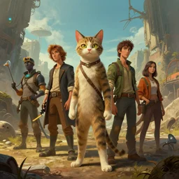 sci fi cat realistic characters, Moebius, Greg Rutkowski, Zabrocki, Karlkka, Jayison Devadas, trending on Artstation, 8K, ultra wide angle, pincushion lens effect