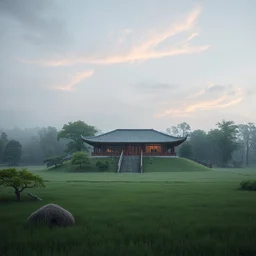 a serene landscape with a singular building in the style of feng zhu.