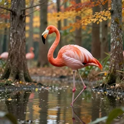 a stunning ultra detailed fantasy fine art illustration of flamingo by a reflective pond in a cypress forest in fall colors, by gediminas pranckevicius and tomasz alen kopera, foggy, crepuscular rays, artstation, 8 k, deep depth of field, golden hour hues, vibrant colors, golden ratio composition