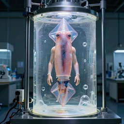 a perfect photograph of a human test specimen in a laboratory designed by a squid. the machinery is hydrodipped glass fibre bubbles with cryptic instructions embossed on the surface. the man is submerged in a viscous molten plastic. perfect focus, studio lighting, gallery setting