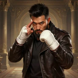 a highly detailed illustration of bearded asian man wearing leather jacket with bandaged right hand, focused boxing philly shell stance pose, hands shielding face, backrooms background, intricate, elegant, highly detailed, centered, digital painting, artstation, concept art, smooth, sharp focus, league of legends concept art, WLOP