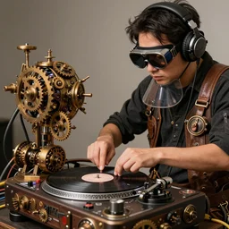 a person wearing goggles and visor and headphones using a steampunk record player contraption, wires and tubes, turntablism dj scratching, intricate planetary gears, complex, cinematix, imax, sharp focus