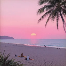 vintage magazine illustration of a dreamy beach scene on a hot summer evening, by carel willink and gregory crewdson, pink sunset, simon stalenhag