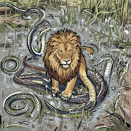 cross hybrid between lion and snake, roaming the swamps, cinematic, digital art, photorealistic, artstation