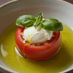 photo of a tomato filled with mozzarella and basil, in a pool of olive oil