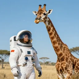 glados next to a giraffe wearing a space suit