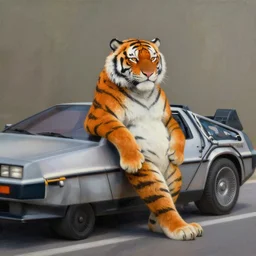 an anthropomorphic tiger leaning on a delorean, painting by hsiao - ron cheng,
