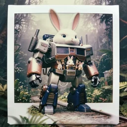 very realistic! photograph giant oversized battle rabbit robot delorean fusion chubby mech transformers retro boombox delorean mixed with mecha robot double decker with giant oversized ears and rabbit babies, on jungle track, full body, cinematic focus, polaroid photo, vintage, neutral dull colors, soft lights, foggy mist, by oleg oprisco, by thomas peschak, by discovery channel, by victor enrich, by gregory crewdson