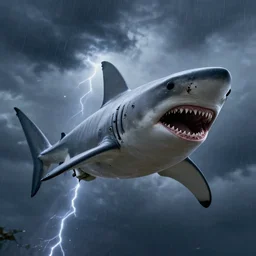 Flying cyborg shark with visible implants in a thunderstorm, open mouth, teeth are clearly visible, dramatic lighting, ray tracing, Unreal Engine 4, extremely high level of detail.