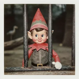 a jolly elf behind bars at a zoo, vintage photograph, grimy atmosphere