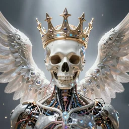ai biomech, ethereal ultralight i robot skull king with crown mechanism, quantum physics, angelic and unsettling, wires, veins, ferrofluid, bismuth, style blend of hideo kojima, shepard fairey, and botticelli, city backdrop is a blend of the vatican, neo - andean architecture and brutalism, 4 k photorealistic, ultra fine inklines