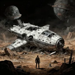 in front of the wreckage of a crashed spaceship, on an alien planet, from a space themed point and click 2 d graphic adventure game, set design inspired slightly by hg giger and tomb raider, art inspired by thomas kinkade and william alexander