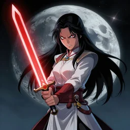comic style the moon character with evil emotion is holding a Jedi red sword in her hands artstation