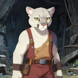 character portrait of a (((anthro))) albino mountain lion wearing miner's clothes at the mines. hidari, color page, tankoban, 4K, tone mapping, Akihiko Yoshida.