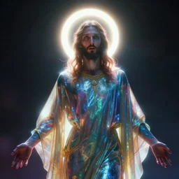 god jesus in the style of nekro, artgerm, wlop, glowing halo, octane render, rainbow glow, cinematic lighting, halo, peter mohrbacher