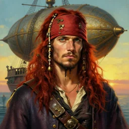 portrait painting of a handsome rugged long hair crimson hair male pirate, top half portrait soft hair steampunk ornate zeppelin blimp airship in the background sky sunset golden hour art by raphael lacoste and stephan martiniere greg rutkowski gaston bussiere fantasy soft hair trending on artstation deviantart book cover art dramatic volumetric lighting, 4 k, award winning