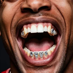 dennis rodman has a huge open mouth. the giant open mouth has very large teeth. these teeth are blinged out.