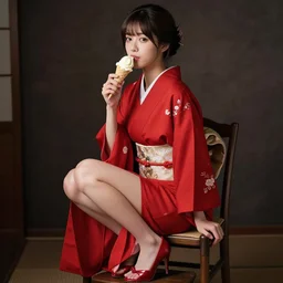 photo, young woman eating ice cream, sitting on a chair, red dress, high heels, japanese kimono