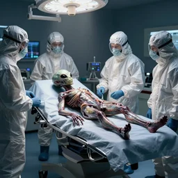 alien laying on the surgery table, around staying scientists in biohazard suits, render, volumetric light, artstation, digital art