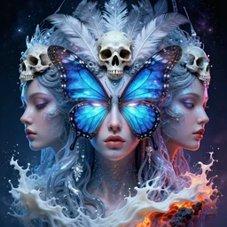 3 d goddess butterfly face portrait, face in the center, bioluminescent, beautiful phantom intricate highly detailed quetzalcoatl skull and feathers. ice, galaxy, plasma, lava, milk, artwork by tooth wu and wlop and beeple and greg rutkowski, 8 k trending on artstation, volumetric lighting