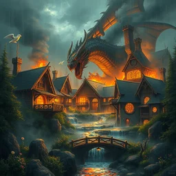 an enormous dragon is attacking and burning medieval hobbit homes, centered, ornate, beautiful, atmosphere, vibe, mist, smoke, chimney, rain, well, wet, pristine, puddles, waterfall, clear stream, bridge, orange, green, stained glass, forest, flowers, concept art illustration, color page, 4 k, tone mapping, doll, akihiko yoshida, james jean, andrei riabovitchev, marc simonetti, yoshitaka amano, digital illustration, greg rutowski, volumetric lighting, sunbeams, particles, rembrandt
