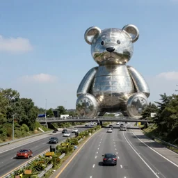 photo of freeway with a giant metal teddy bear in the distance, canon ae - 1, simon stalenhag,